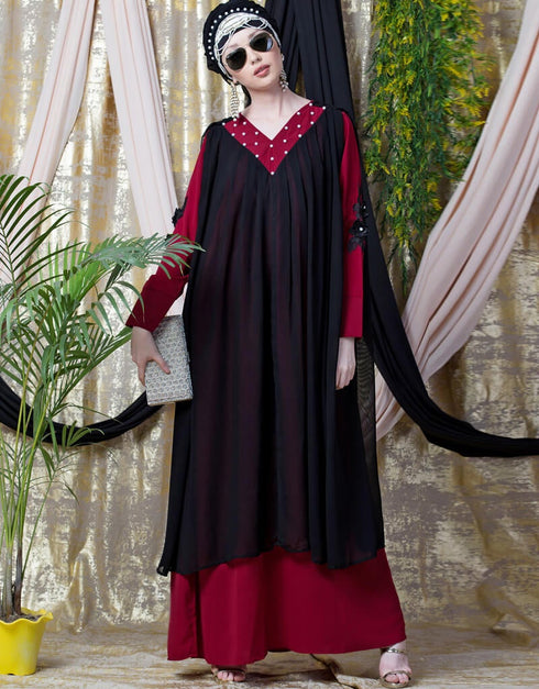 Muslimah Embroidered Neck Band Double Layer Party Abaya Red