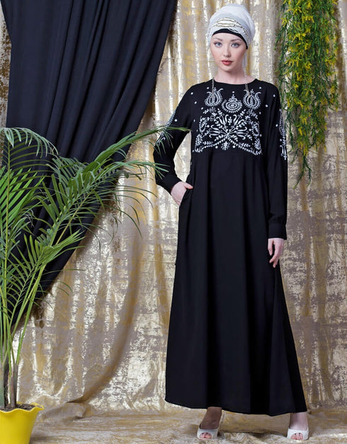 Chic Embroidered Party Abaya Silver