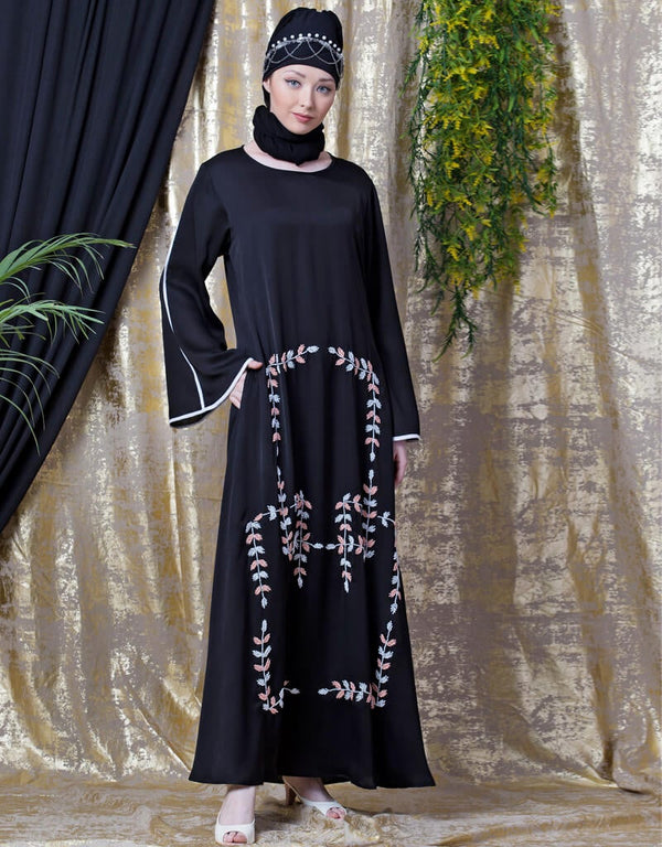 Trendy Front Hand Embroidered Bell Sleeve Party Abaya Black