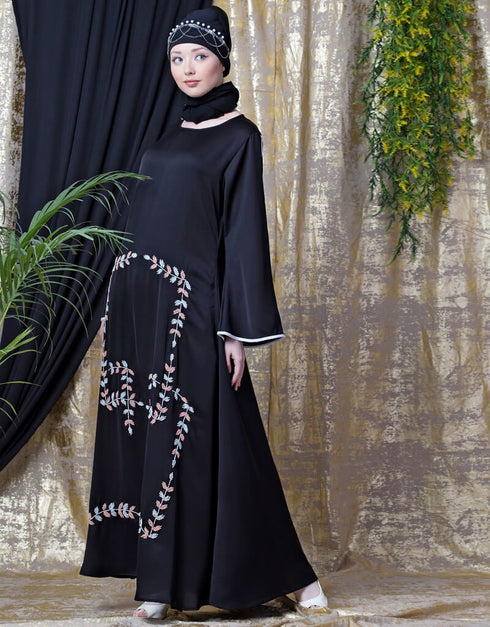 Trendy Front Hand Embroidered Bell Sleeve Party Abaya Black