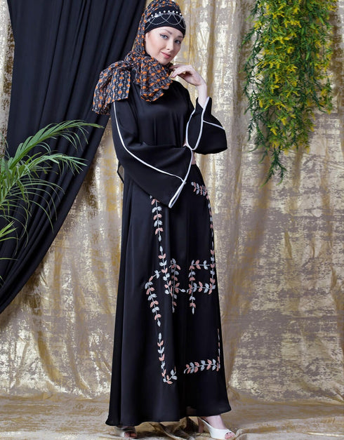 Trendy Front Hand Embroidered Bell Sleeve Party Abaya Black