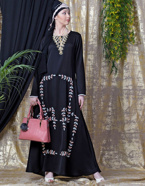 Trendy Front Hand Embroidered Bell Sleeve Party Abaya Black