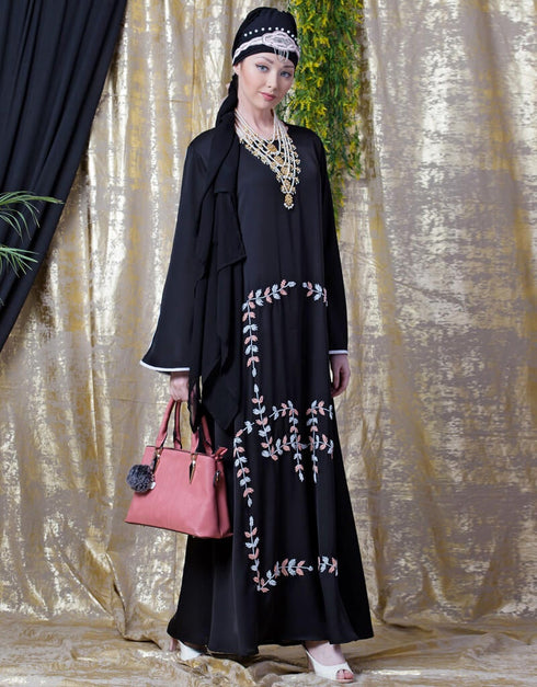 Trendy Front Hand Embroidered Bell Sleeve Party Abaya Black