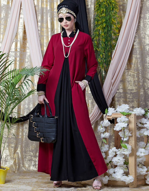 Modern Contrast Yoke Black Peach Casual Abaya Red