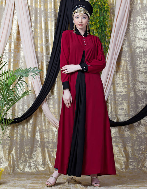 Modern Contrast Yoke Black Peach Casual Abaya Red
