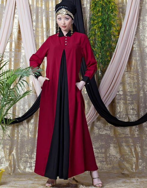 Modern Contrast Yoke Black Peach Casual Abaya Red