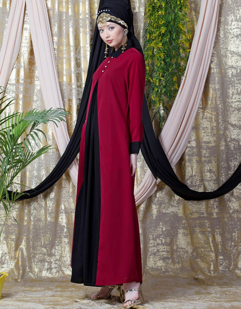 Modern Contrast Yoke Black Peach Casual Abaya Red