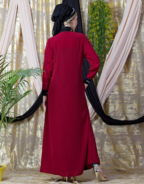 Modern Contrast Yoke Black Peach Casual Abaya Red