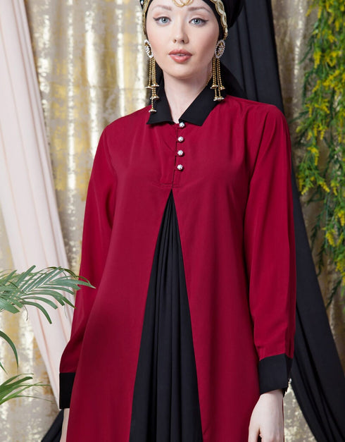 Modern Contrast Yoke Black Peach Casual Abaya Red