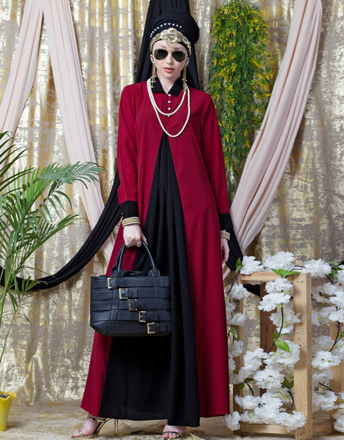 Modern Contrast Yoke Black Peach Casual Abaya Red