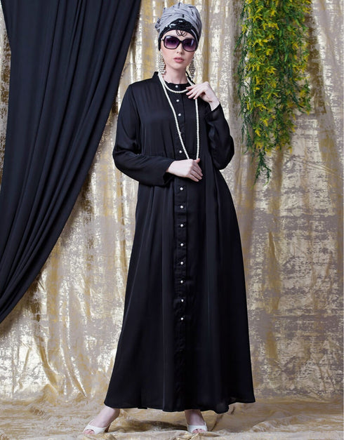 Dubai Front open with pleats from waist casual abaya Black