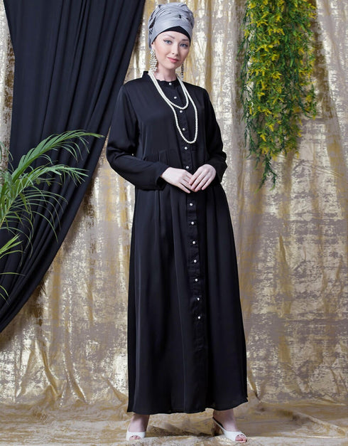 Dubai Front open with pleats from waist casual abaya Black