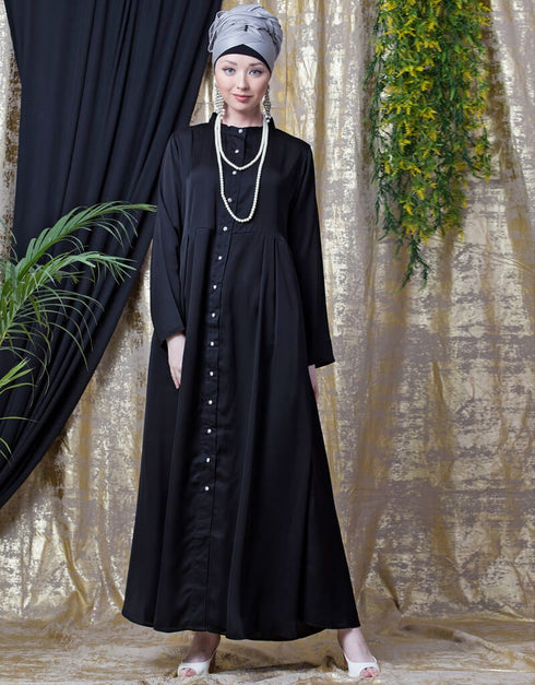Dubai Front open with pleats from waist casual abaya Black