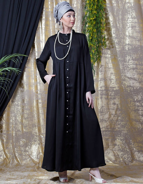 Dubai Front open with pleats from waist casual abaya Black
