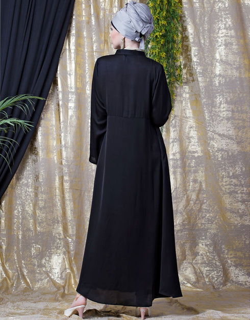 Dubai Front open with pleats from waist casual abaya Black