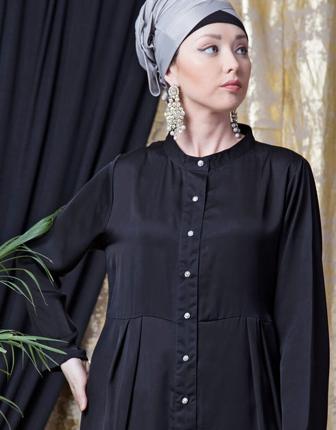 Dubai Front open with pleats from waist casual abaya Black