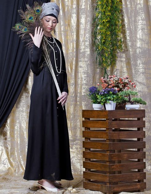 Dubai Front open with pleats from waist casual abaya Black