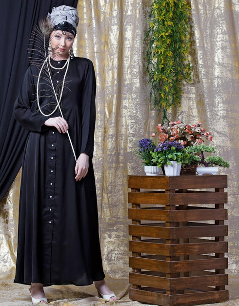 Dubai Front open with pleats from waist casual abaya Black