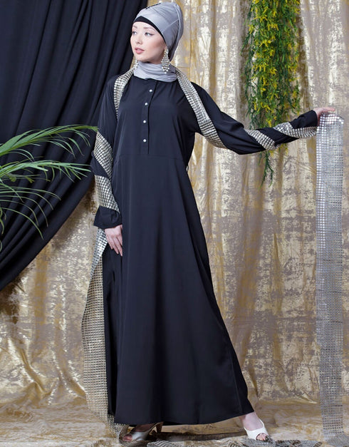 Muslim Front Open Daily Wear Abaya Black