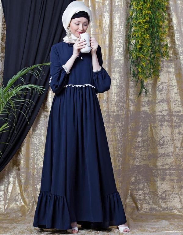 Modest Balloon Sleeve Pom Pom Lace Bohemian Abaya Navy Blue