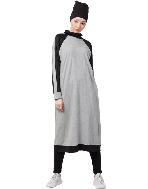 Arabic Contrast Knits Sports Abaya With Legging Grey