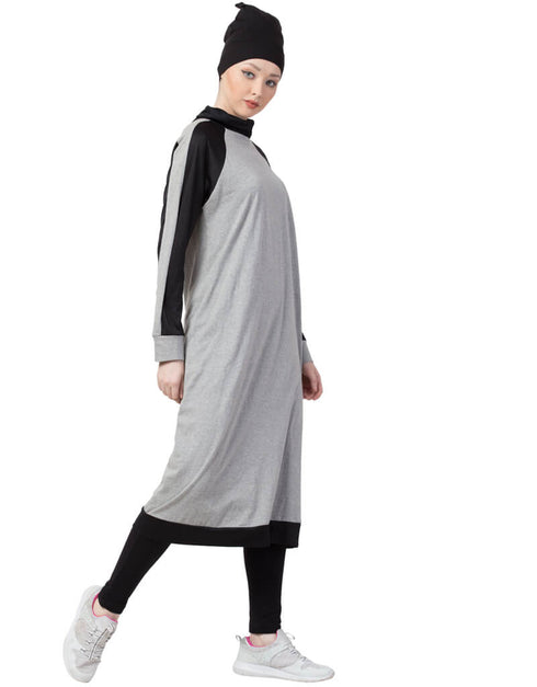 Arabic Contrast Knits Sports Abaya With Legging Grey