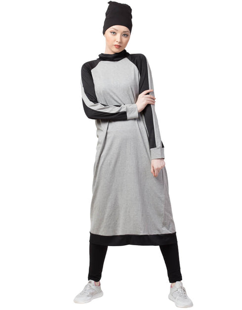 Arabic Contrast Knits Sports Abaya With Legging Grey