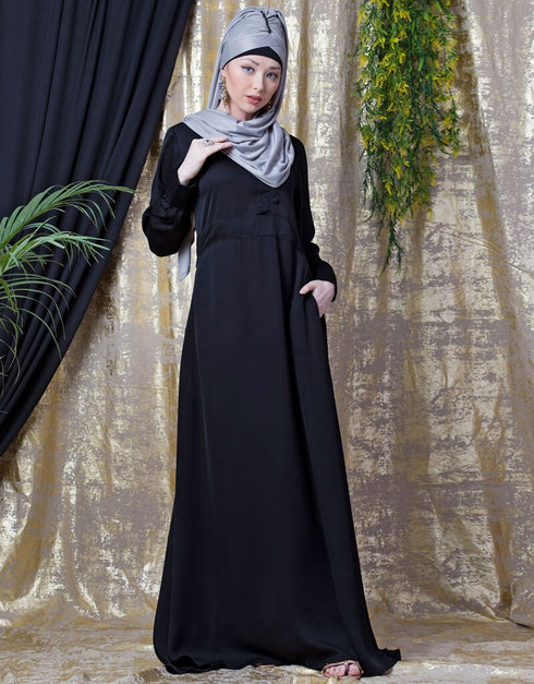 Women Side Open Band At Waist Nida Abaya Black