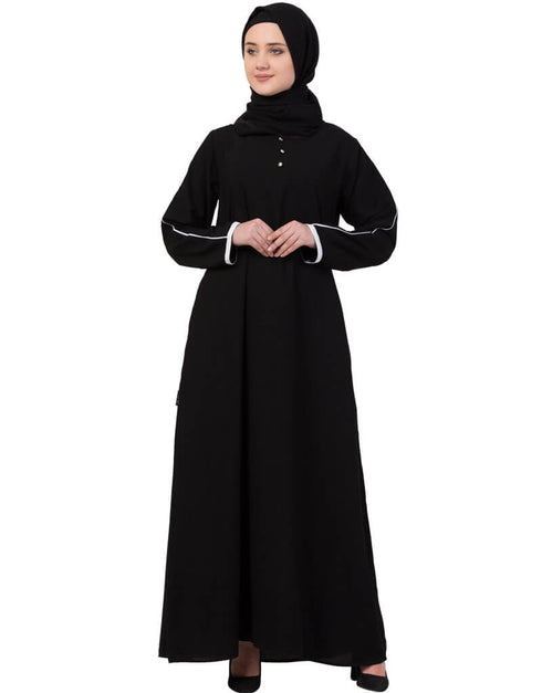Muslim Contrast Piping at Sleeve Casual Abaya Black