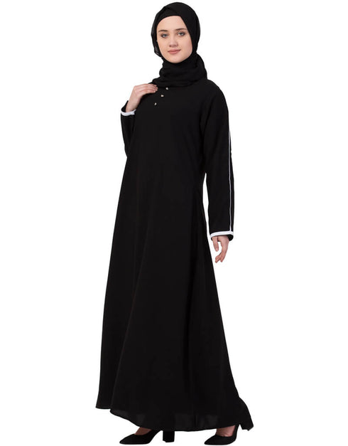 Muslim Contrast Piping at Sleeve Casual Abaya Black