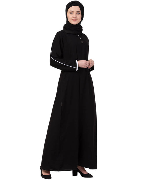 Muslim Contrast Piping at Sleeve Casual Abaya Black