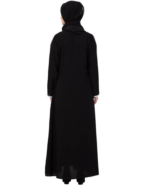 Muslim Contrast Piping at Sleeve Casual Abaya Black