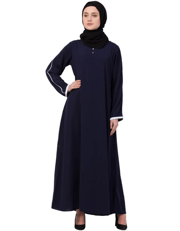 Modest Contrast Piping at Sleeve Casual Abaya Navy Blue