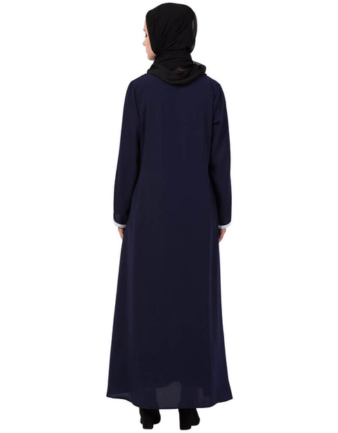 Modest Contrast Piping at Sleeve Casual Abaya Navy Blue
