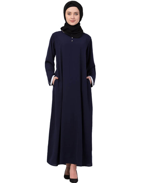Modest Contrast Piping at Sleeve Casual Abaya Navy Blue