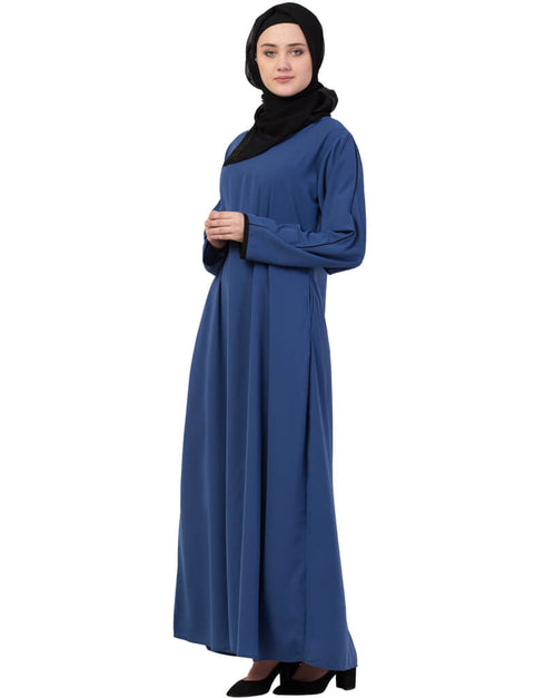 Islamic Contrast Piping at Sleeve Casual Abaya Blue