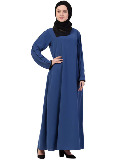 Islamic Contrast Piping at Sleeve Casual Abaya Blue