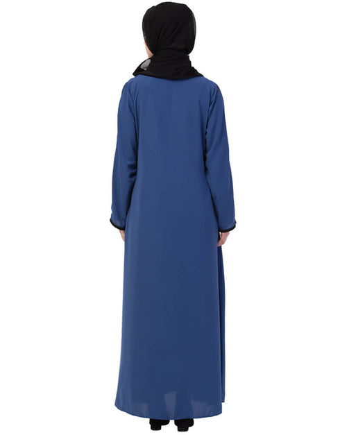 Islamic Contrast Piping at Sleeve Casual Abaya Blue