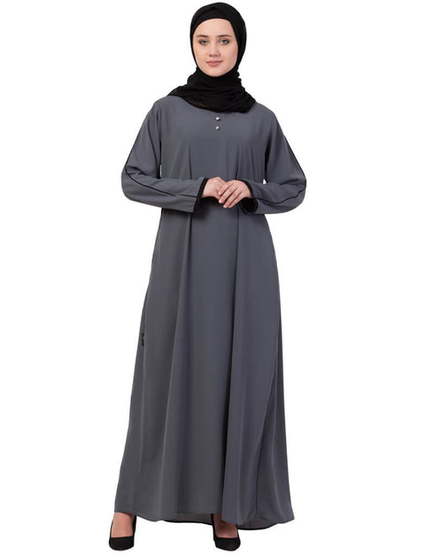 Women Contrast Piping at Sleeve Casual Abaya Grey