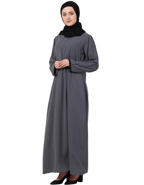 Women Contrast Piping at Sleeve Casual Abaya Grey