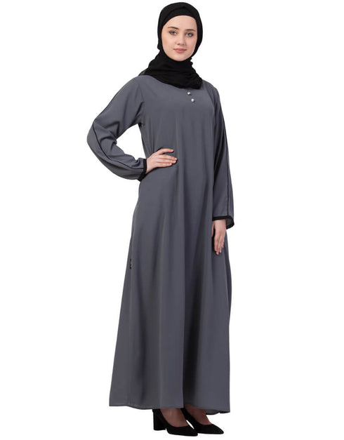 Women Contrast Piping at Sleeve Casual Abaya Grey