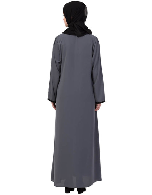 Women Contrast Piping at Sleeve Casual Abaya Grey