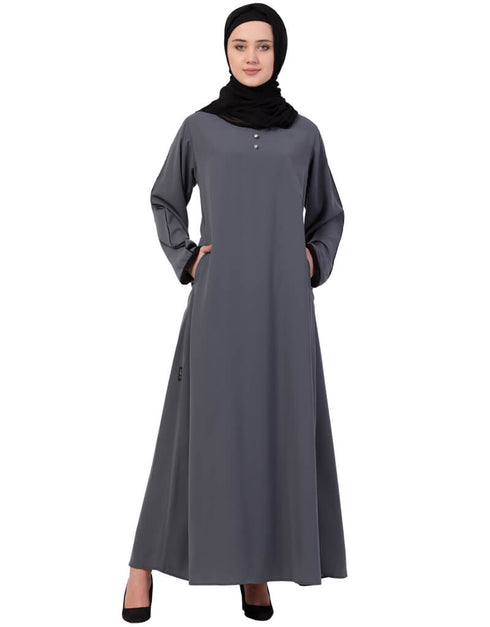 Women Contrast Piping at Sleeve Casual Abaya Grey