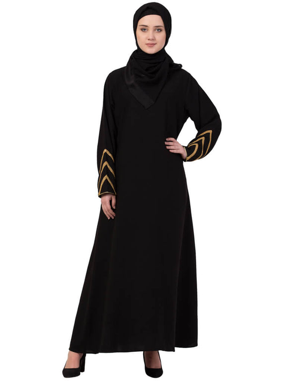 Muslimah Golden Triangle Lace at Sleeve Casual Abaya Black