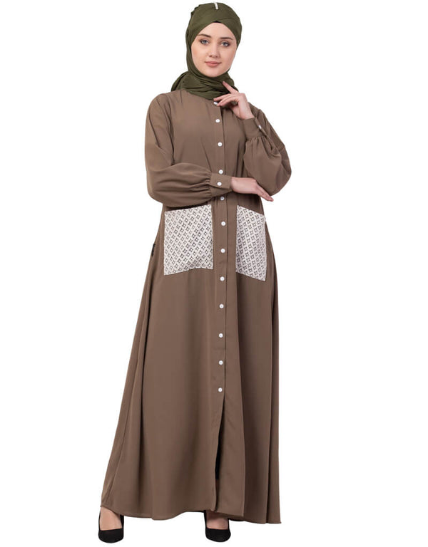 Trendy Front Open white patch pocket Casual Abaya Brown