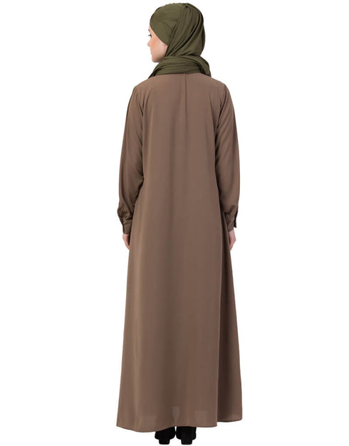Trendy Front Open white patch pocket Casual Abaya Brown