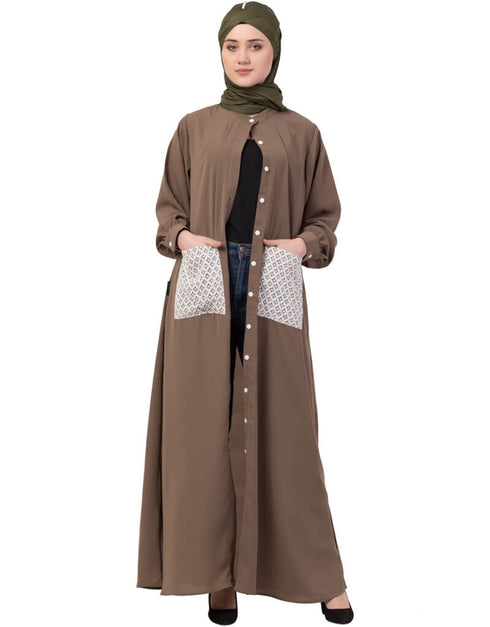 Trendy Front Open white patch pocket Casual Abaya Brown