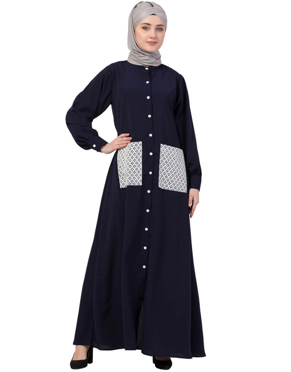 Modern Front Open white patch pocket Casual Abaya Navy Blue