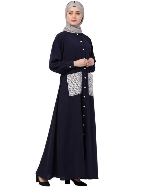 Modern Front Open white patch pocket Casual Abaya Navy Blue