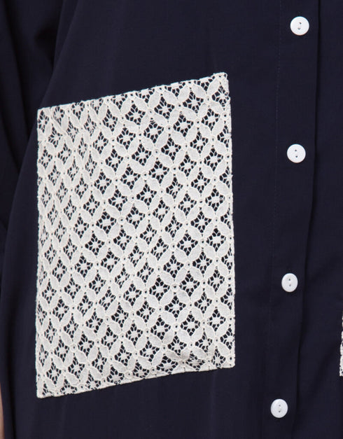 Modern Front Open white patch pocket Casual Abaya Navy Blue
